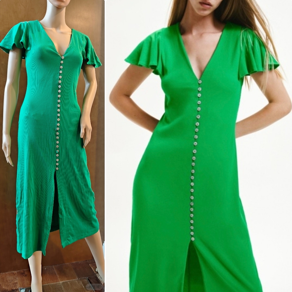 LAST NWT ZARA GREEN RIBBED DRESS WITH BUTTONS